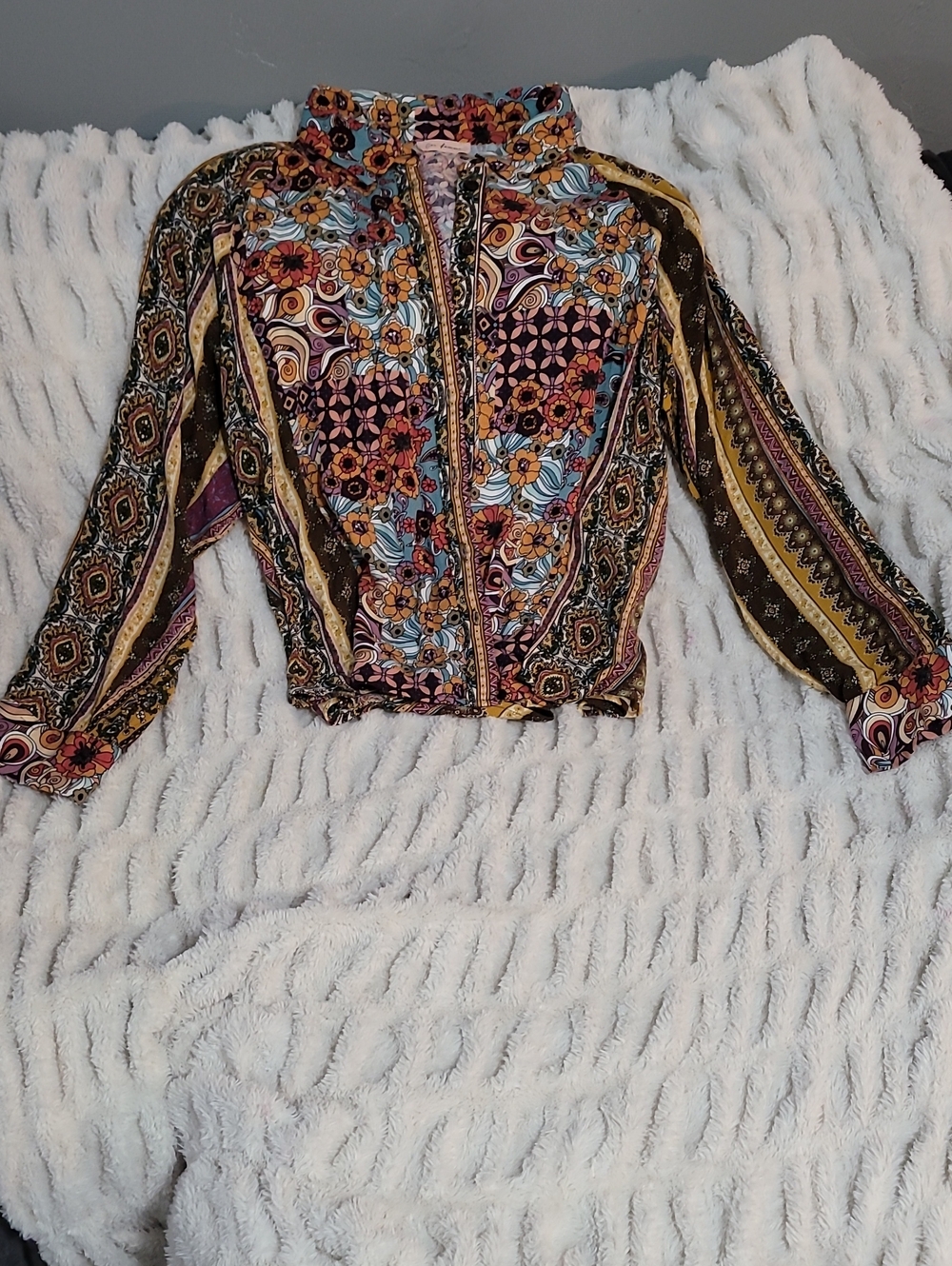 Ces Femme Floral Patchwork Bomber Jacket in Rust, Mustard & Blue